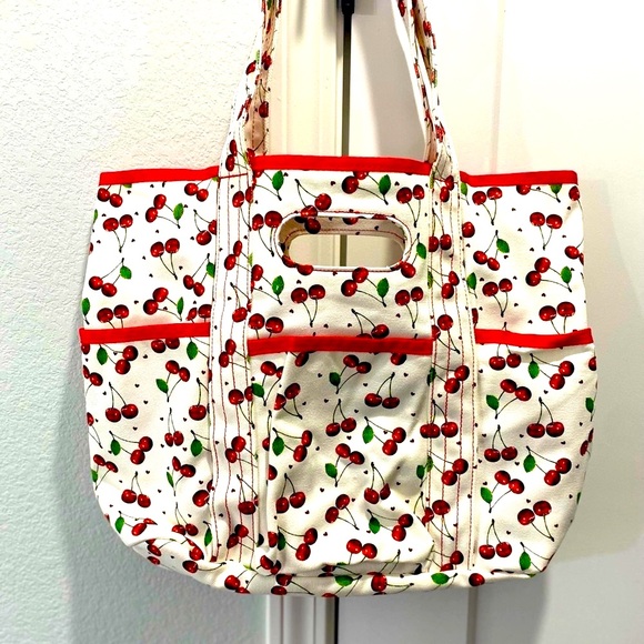 Source Unknown Handbags - Cherry Themed White Canvas Shoulder Tote Travel Diaper Beach Bag Purse Pockets